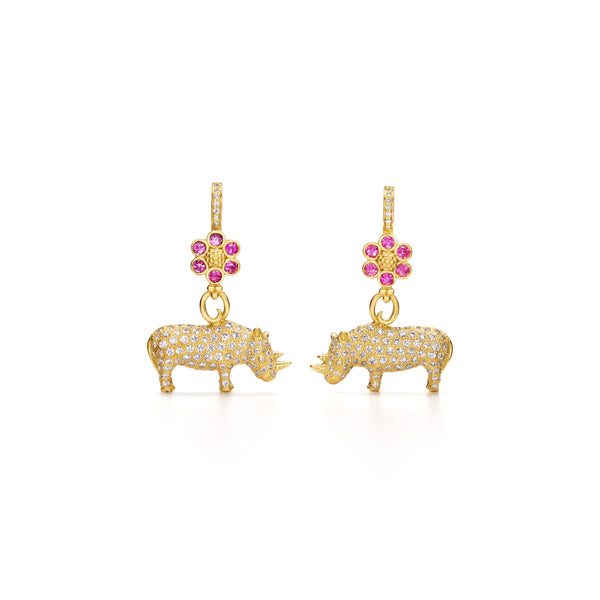 18K Pink Sapphire Flower & Rhino Earring