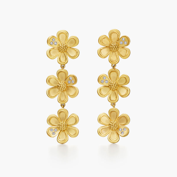 18K Golden Flower Triple Drop Earrings